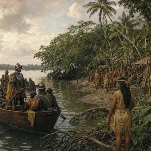 Ilustración de la fundación de Guayaquil durante el periodo colonial